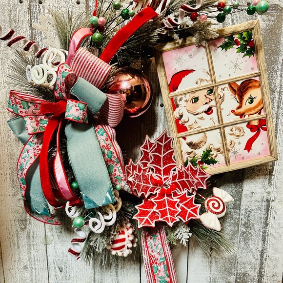 Custom Christmas, Santa Claus, reindeer Wreath lights up PINK